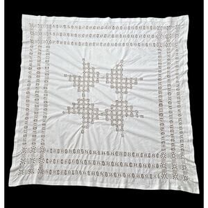 Vintage White Tablecloth Intricate Drawn Thread Table Topper 52" Square Cottage